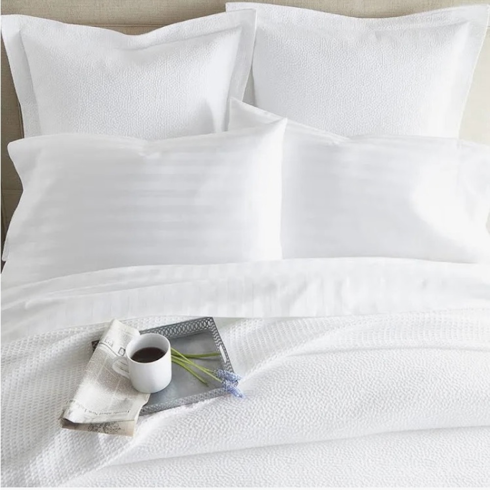 Two 600 thread count square Peacock Alley White soprano stripe sateen Euro shams